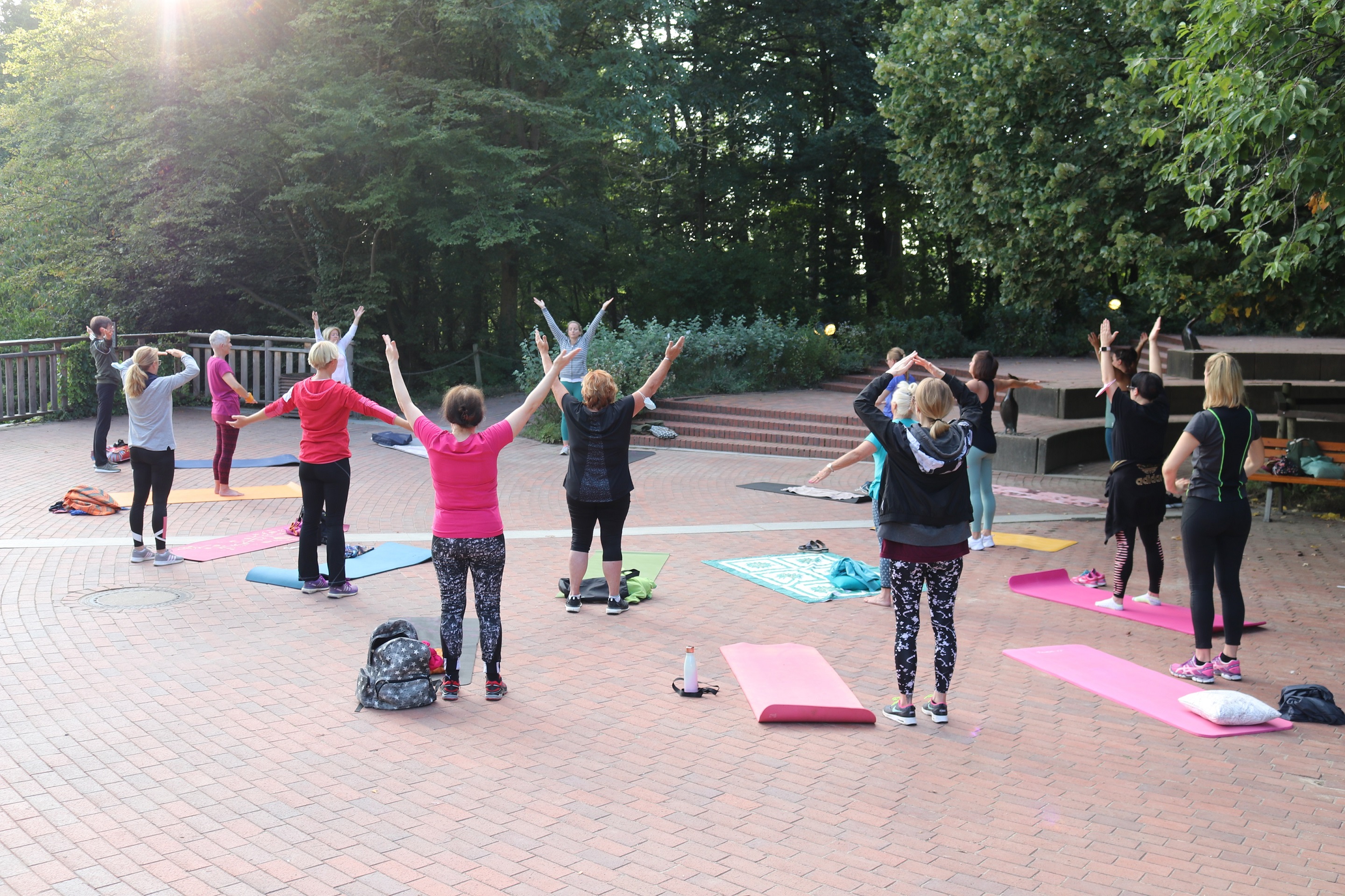 Mehrere Menschen machen im Freien Gymnastik auf Matten und strecken dabei die Arme.