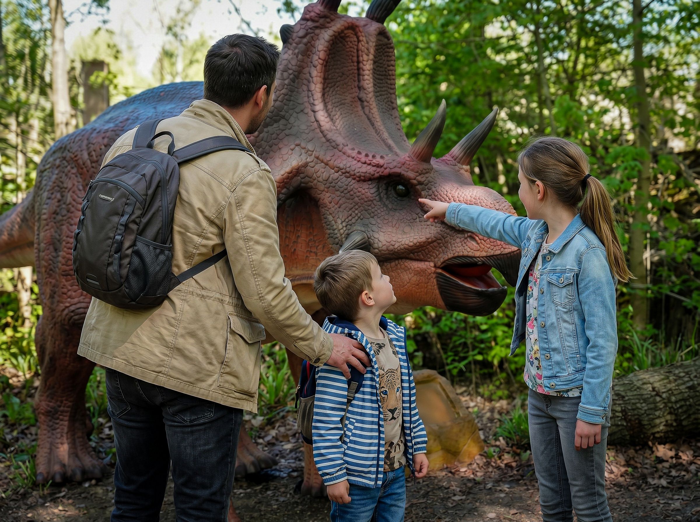Ein Vater steht mit seinem jungen Sohn und seiner jungen Tochter vor der lebensgroßen Figur eines Diabloceratops.