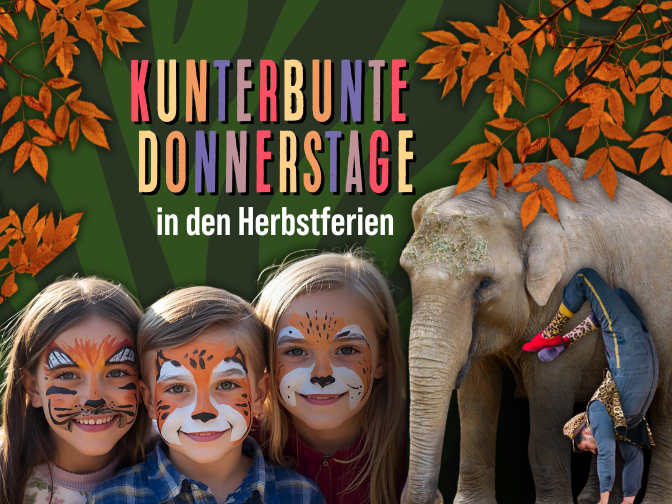 Collage aus Kindern mit Gesichtsschminke, einem Elefanten und einem Akrobatikkünstler und der Überschrift "Kunterbunte Donnerstage in den Herbstferien"